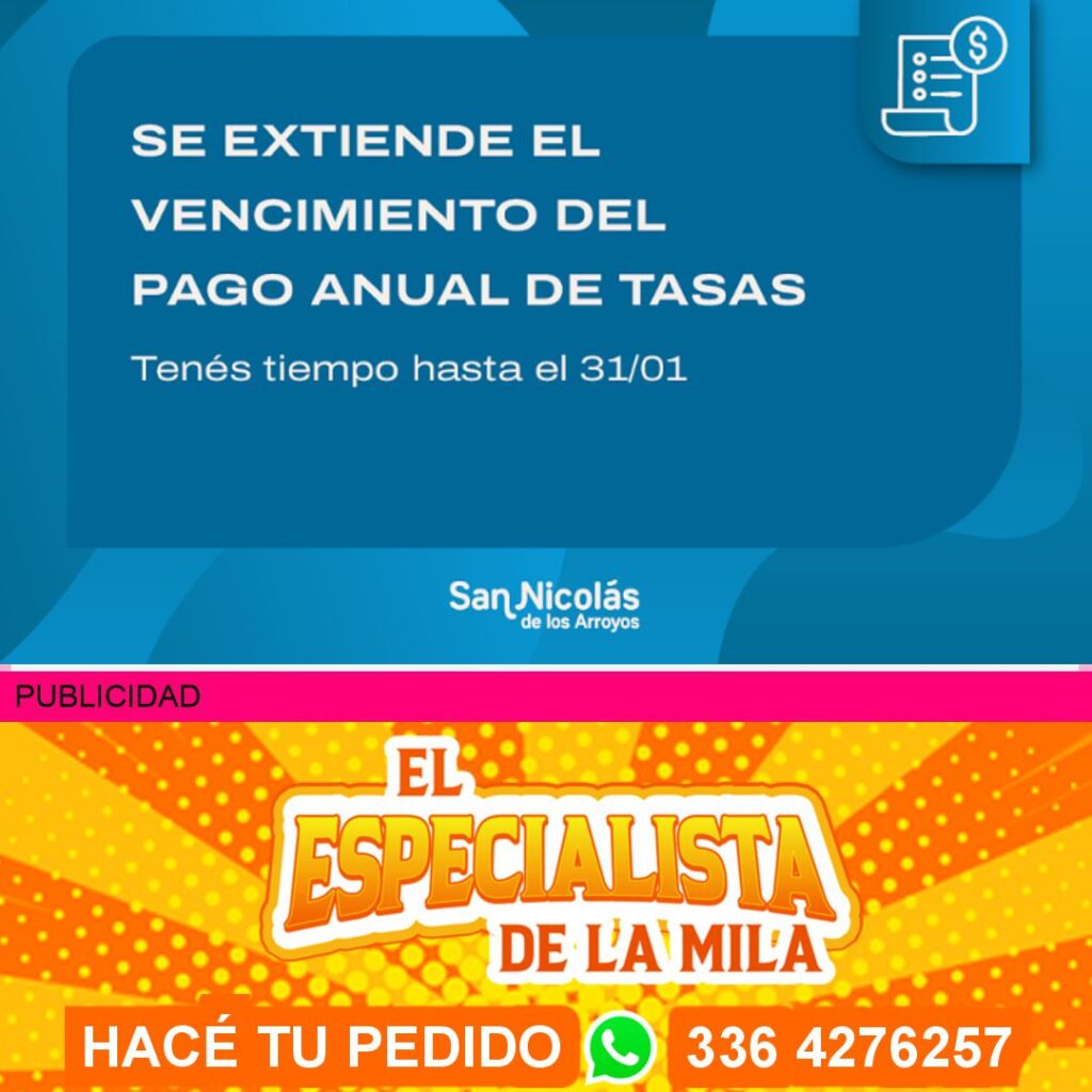 La Municipalidad de San Nicolás anunció la extensión del plazo para realizar el pago anual de las tasas de Desarrollo Urbano, Red Vial y Aguas, que ahora podrá efectuarse hasta el próximo 31 de enero. Esta medida permite a los contribuyentes congelar el valor de la cuota correspondiente al año 2025.