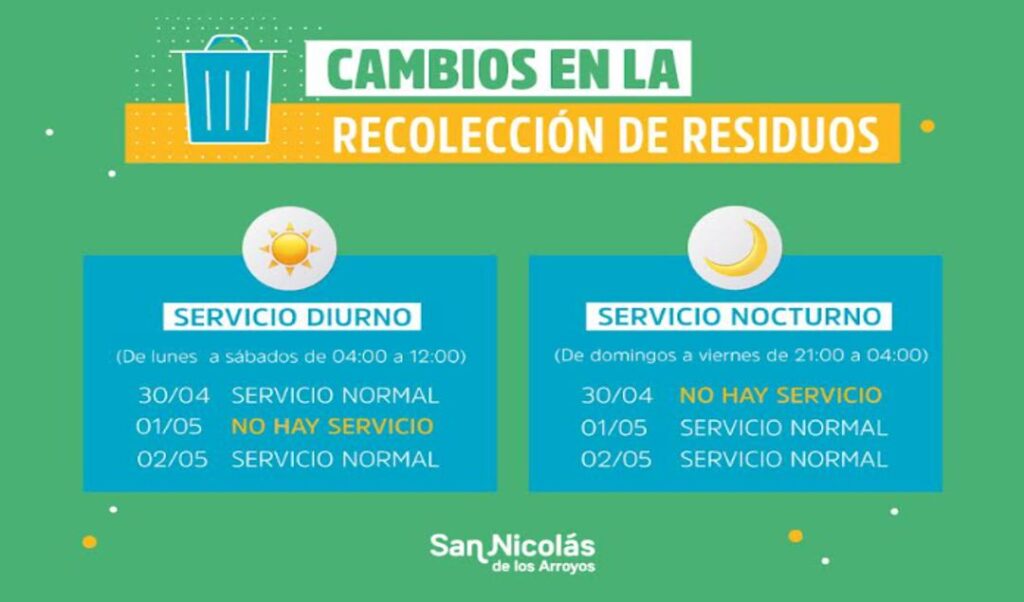 La Municipalidad de San Nicolás informó que, con motivo del feriado por el Día del Trabajador, se modificarán temporalmente los servicios de recolección de residuos sólidos urbanos.