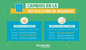 La Municipalidad de San Nicolás informó que, con motivo del feriado por el Día del Trabajador, se modificarán temporalmente los servicios de recolección de residuos sólidos urbanos.