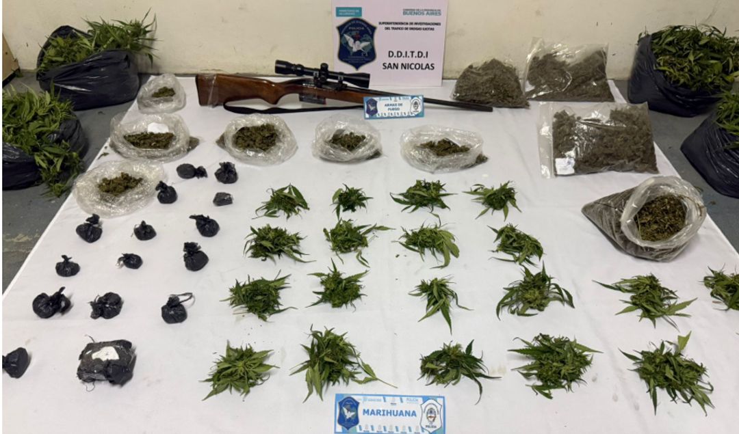 Un operativo liderado por efectivos de la Delegación Departamental de Investigaciones del Tráfico de Drogas Ilícitas de San Nicolás permitió desmantelar una red de comercialización de estupefacientes en la localidad de Arrecifes. El procedimiento incluyó cuatro allanamientos simultáneos en los barrios La Cumbre, Palermo y Molina, donde se logró el secuestro de gran cantidad de drogas, dinero en efectivo, armas y teléfonos celulares.
