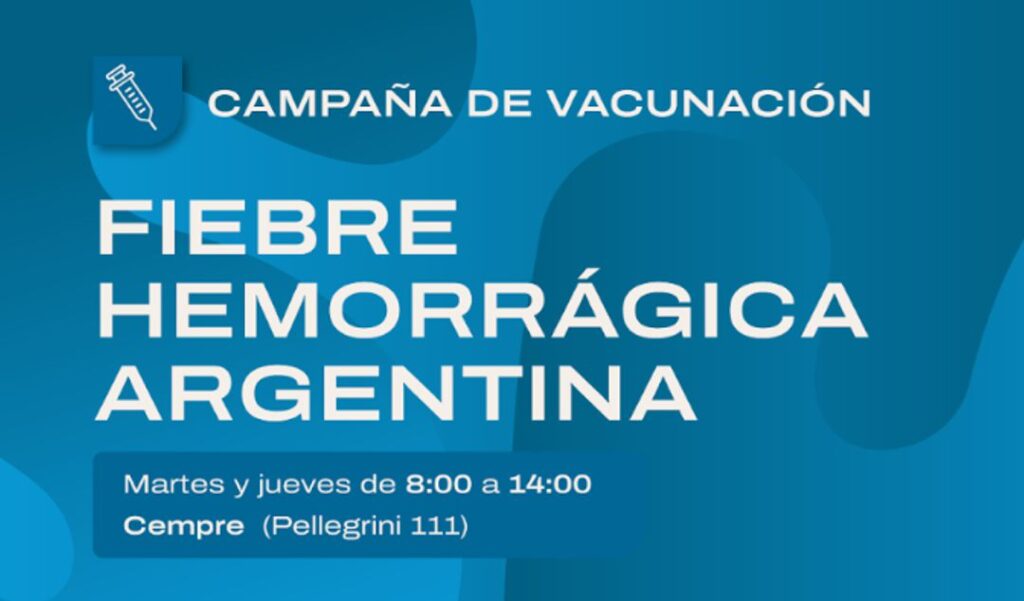 La Municipalidad de San Nicolás recuerda a la comunidad que continúa vigente la campaña de vacunación contra la Fiebre Hemorrágica Argentina, una enfermedad grave transmitida por roedores. Las dosis se aplican todos los martes y jueves, de 8:00 a 14:00, en el Cempre, ubicado en Pellegrini 111.