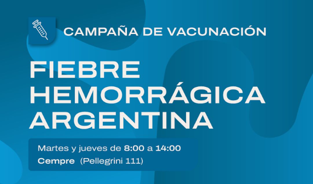 La Municipalidad de San Nicolás recuerda a la comunidad que continúa vigente la campaña de vacunación contra la Fiebre Hemorrágica Argentina, una enfermedad grave transmitida por roedores. Las dosis se aplican todos los martes y jueves, de 8:00 a 14:00, en el Cempre, ubicado en Pellegrini 111.