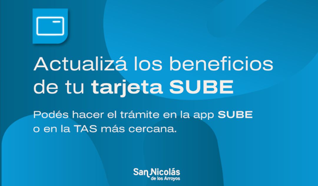 La Municipalidad de San Nicolás informó que, en los próximos días, estudiantes, docentes y auxiliares que cuentan con beneficios en la Tarjeta SUBE deberán realizar el trámite de actualización para garantizar su vigencia. La gestión puede realizarse de forma sencilla y rápida, ya sea desde la aplicación SUBE o en una Terminal Automática.