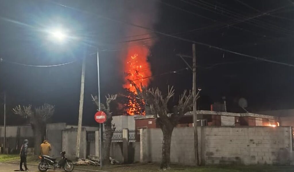 Un importante incendio se inició hace instantes en el barrio Prado Español, cuando un pino de grandes dimensiones comenzó a arder en llamas tras un accidente ocurrido durante un asado. El hecho tuvo lugar en calle Einstein, casi esquina Avellaneda, y generó preocupación entre los vecinos por el riesgo de propagación del fuego hacia las viviendas linderas.