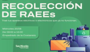 La Municipalidad de San Nicolás llevará adelante este miércoles 20 de agosto una nueva campaña de recolección de Residuos de Aparatos Eléctricos y Electrónicos (RAEE), con el objetivo de promover el cuidado del medioambiente y la correcta disposición de este tipo de elementos.