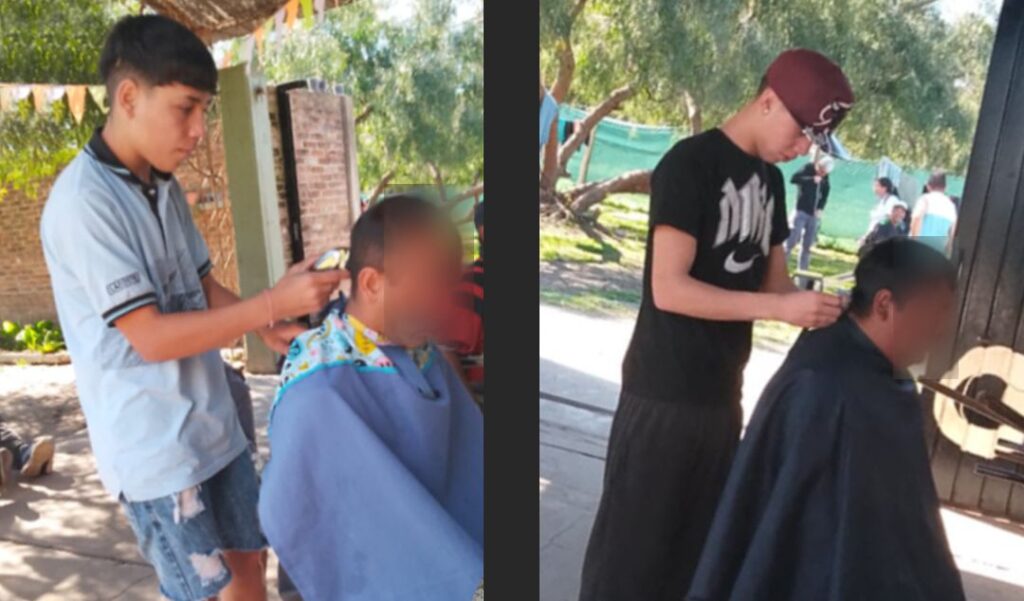 Los jóvenes peluqueros Román Almirón y Tomás López realizaron un gesto solidario al cortar el pelo de manera gratuita a un grupo de muchachos que se encuentran en rehabilitación en el centro que funciona en el predio de las Carmelitas Descalzas, sobre calle Olleros al 600.