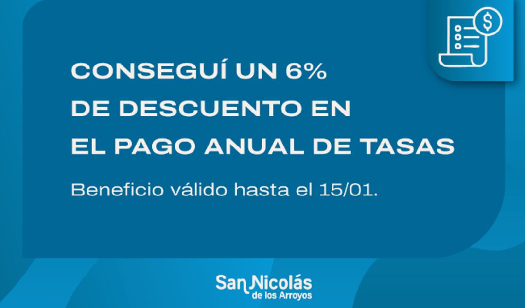 La Municipalidad de San Nicolás informó que, hasta el próximo 15 de enero, los contribuyentes podrán realizar el pago anual de las tasas municipales accediendo a importantes beneficios y descuentos, en el marco de una medida que busca acompañar la economía de los vecinos.