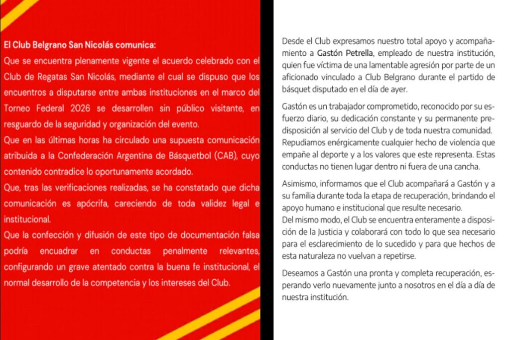 Un nuevo episodio de violencia empañó el clásico de básquet entre Regatas y Belgrano en San Nicolás, luego de que un integrante del cuerpo técnico del conjunto visitante fuera agredido físicamente al finalizar el encuentro. Se trata de Gastón Petrella, quien recibió un cabezazo apenas terminado el partido, en el que Belgrano se impuso como local por la Liga Federal de Básquet.