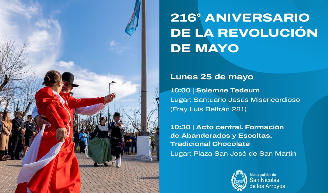 La Municipalidad de San Nicolás de los Arroyos invitó a todos los vecinos a participar de los actos conmemorativos por un nuevo aniversario de la Revolución de Mayo, que se desarrollarán en la localidad de La Emilia con distintas actividades patrias abiertas a toda la comunidad.