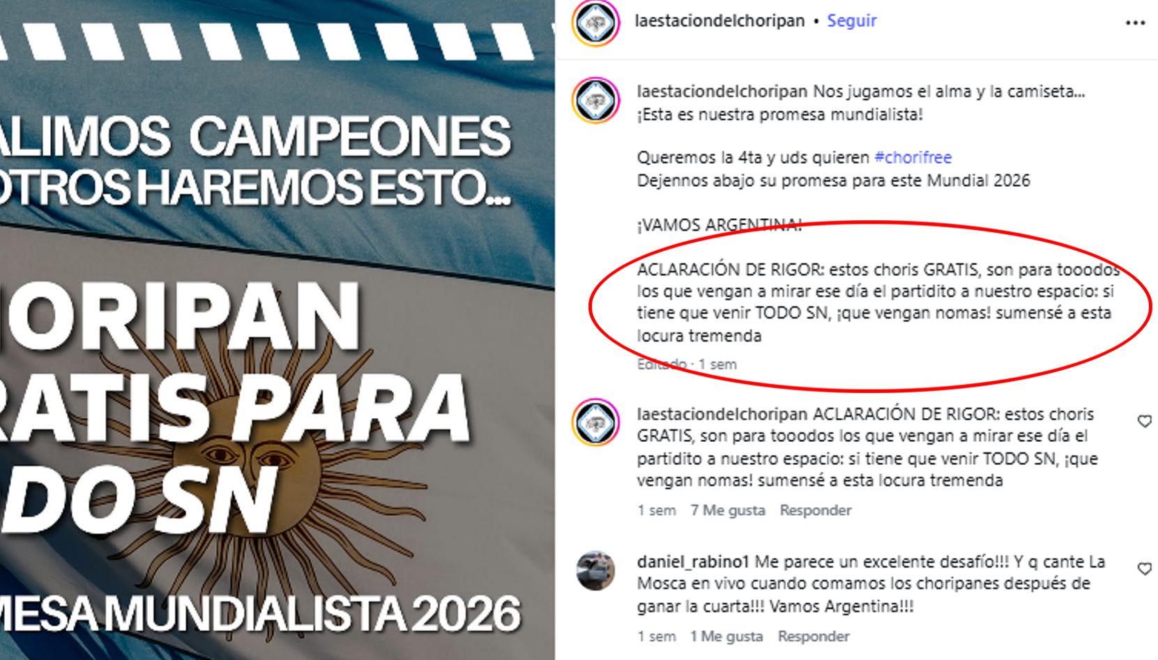 La llamativa promesa realizada por el comercio "La Estación del Choripán", que aseguraba que regalaría choripanes si la Selección Argentina se consagraba campeona, generó una gran repercusión entre los vecinos de San Nicolás. Sin embargo, luego de que surgieran dudas sobre la viabilidad de la propuesta, el local salió a aclarar los alcances reales de la promoción.